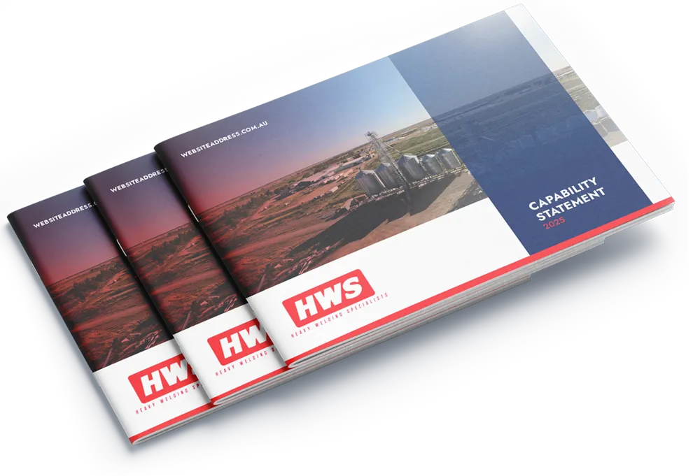 Three copies of a brochure titled "Capability Statement 2023" by HWS, featuring aerial images of an industrial facility. The HWS logo is prominent, and the website "websitelogistics.com.au" is printed at the top.